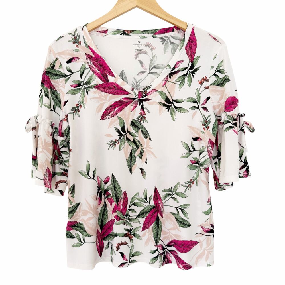 Worthington White Floral 1/2 Sleeve Blouse Sz PM